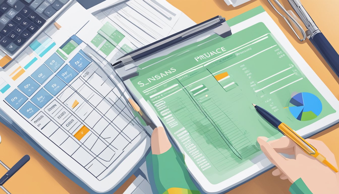 A person comparing prices of critical illness insurance plans. Tables with cost breakdowns and benefit summaries. Calculator and pen on desk