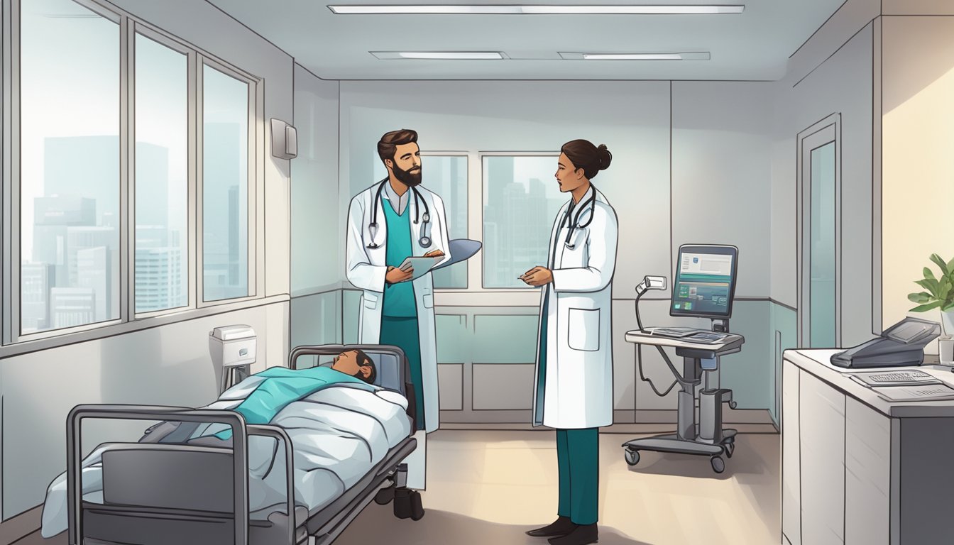 A doctor in a white coat discussing critical illness insurance rates with a patient in a hospital room