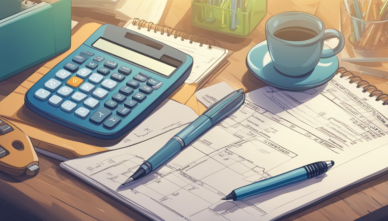 A calculator and pen on a desk with a notepad showing various calculations for critical illness insurance costs