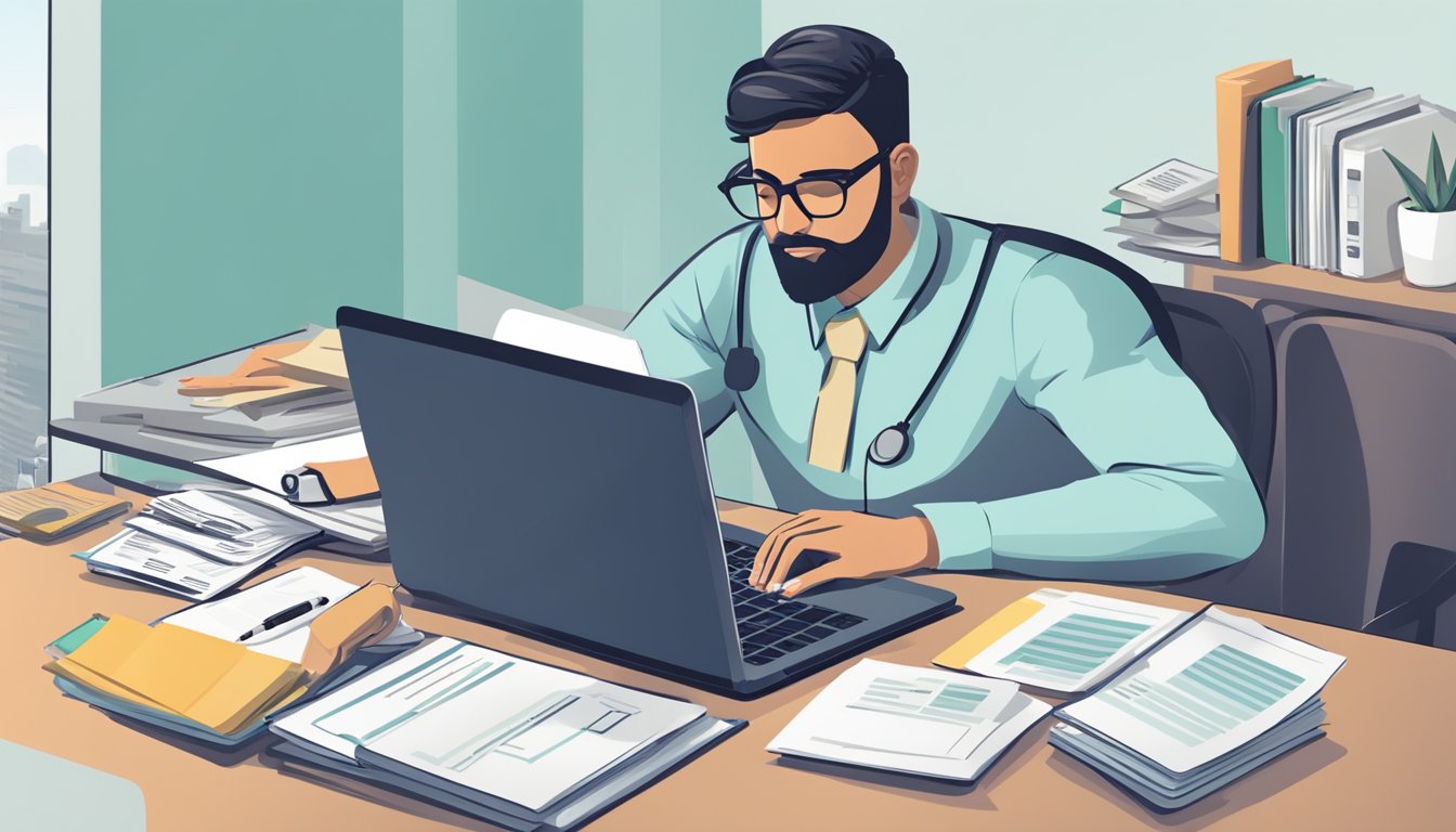 A person at a desk, surrounded by paperwork and a laptop, comparing different critical illness insurance providers