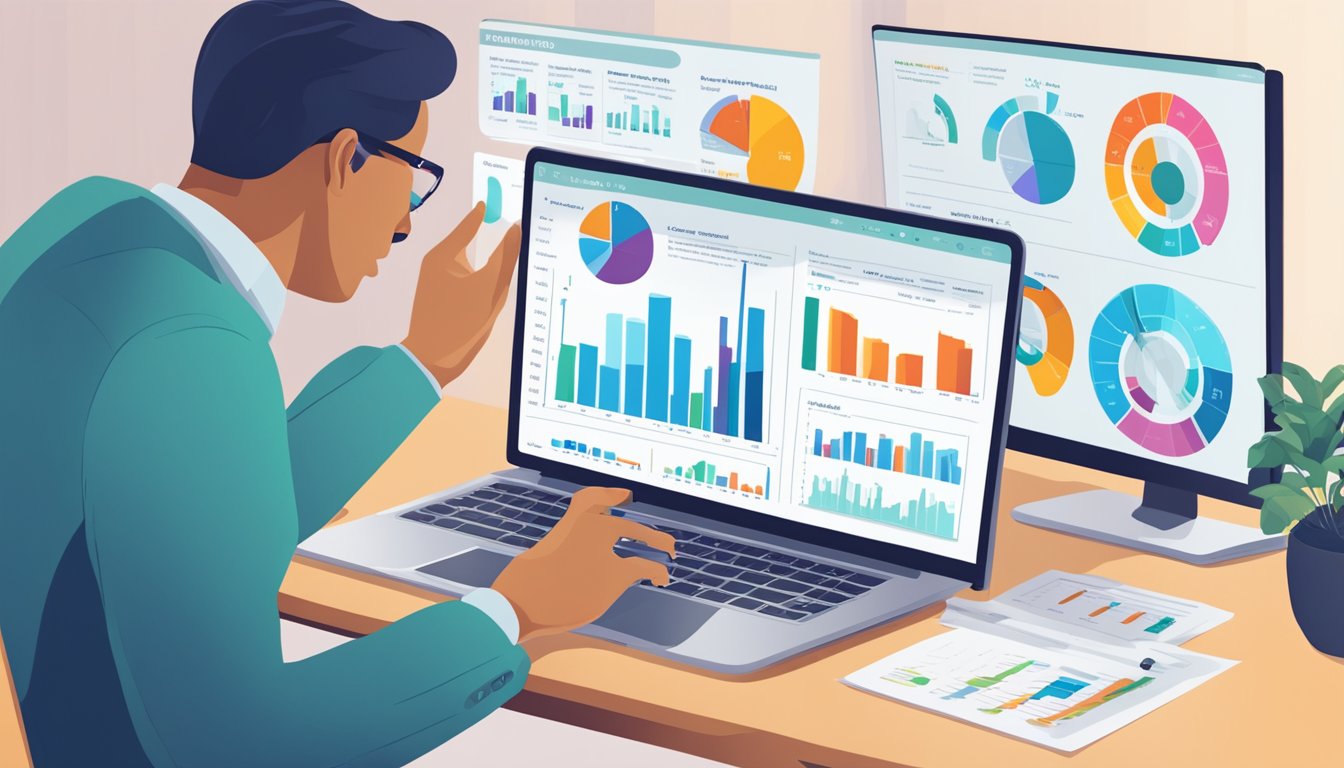 A person comparing prices for critical illness insurance on a laptop with various charts and graphs displayed on the screen