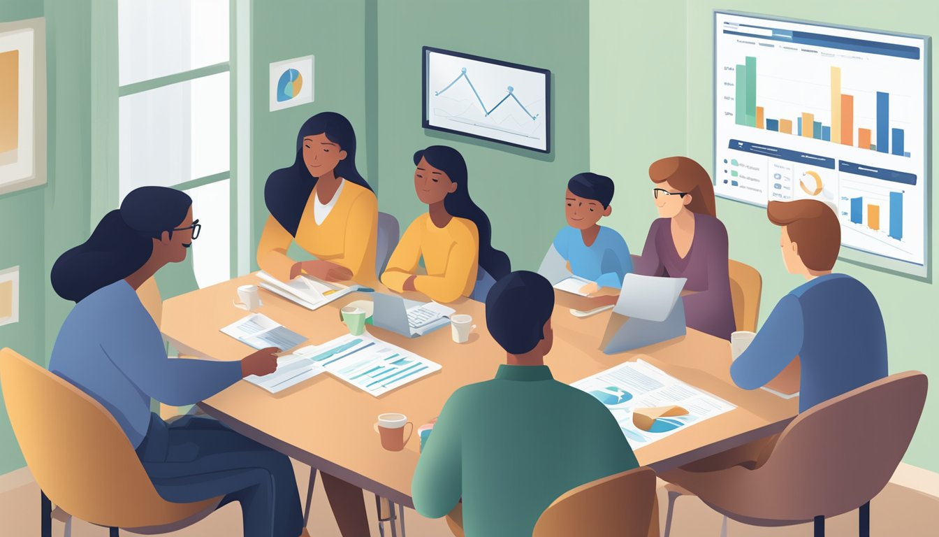 A family sitting at a table, discussing finances with a financial advisor, while a chart showing different critical illness insurance costs per month is displayed on a screen