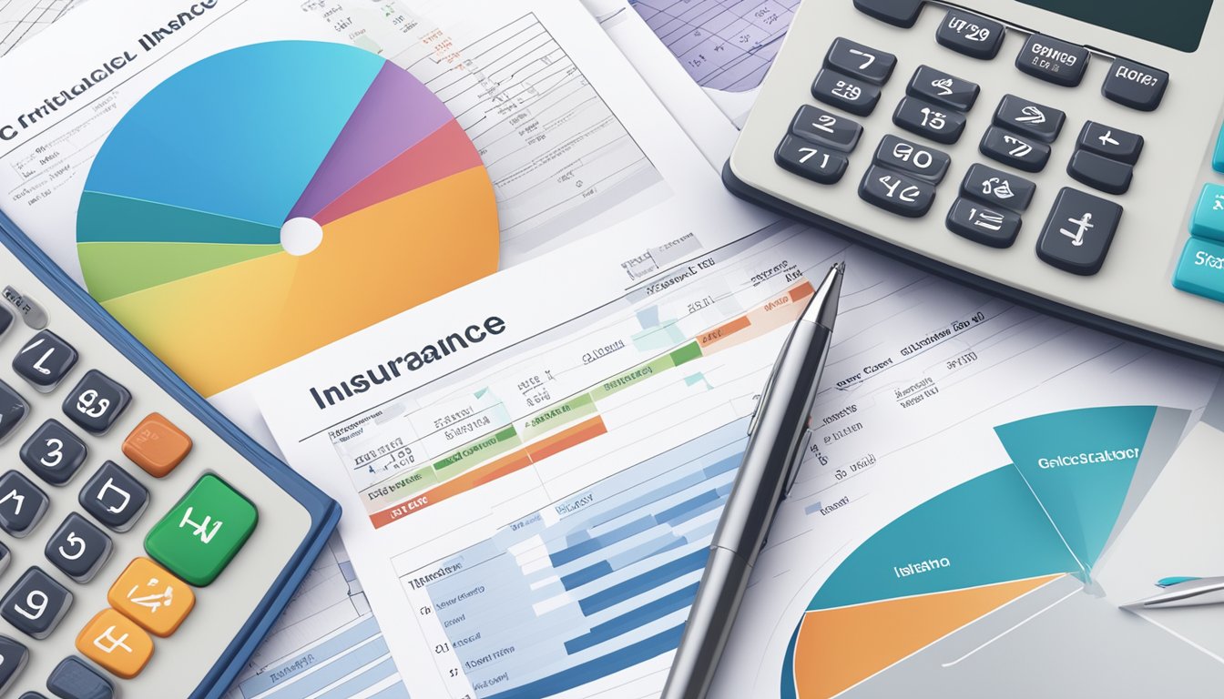 A calculator with a critical illness insurance brochure and a pen, surrounded by financial documents and charts