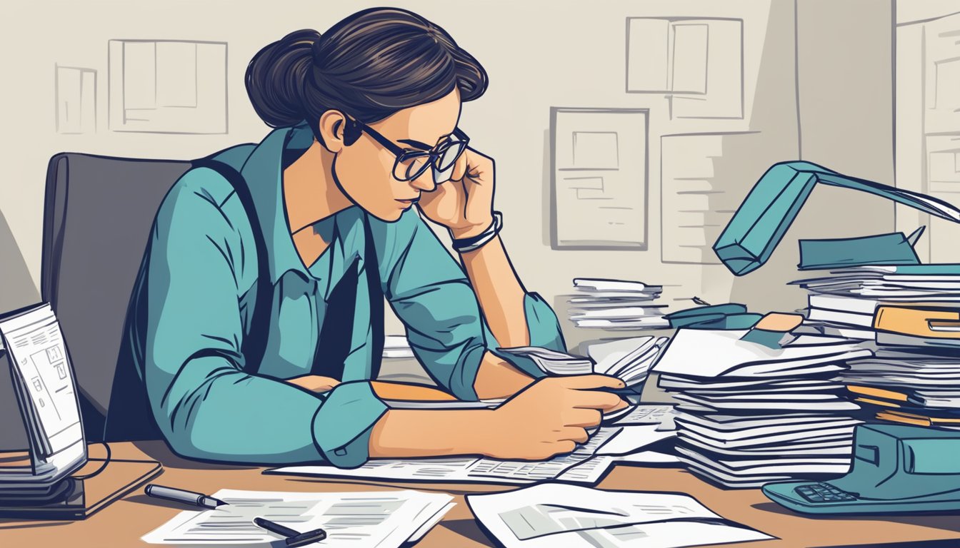 A person sitting at a desk, surrounded by paperwork and a calculator. They are deep in thought, with a concerned expression on their face as they calculate the cost of critical illness insurance per month