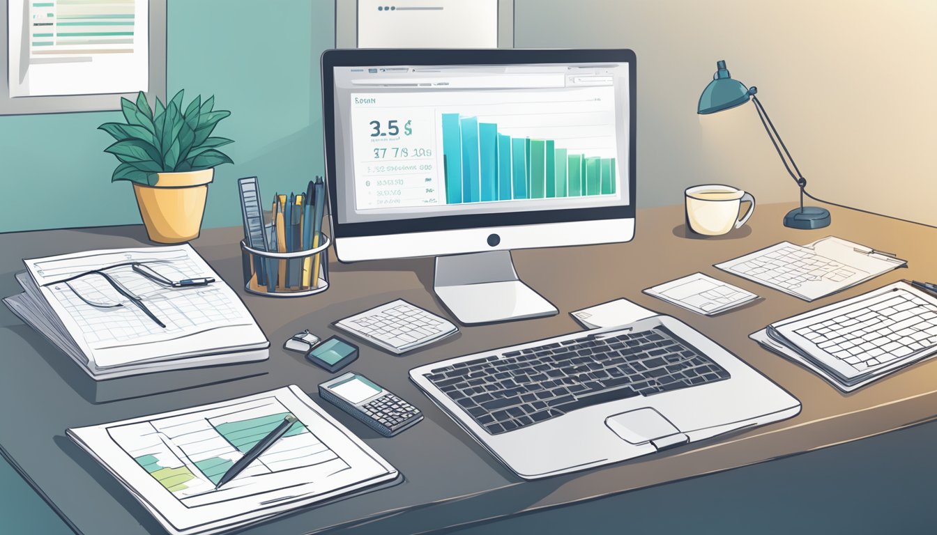 A desk with a laptop, calculator, and paperwork. A chart showing different critical illness insurance costs per month