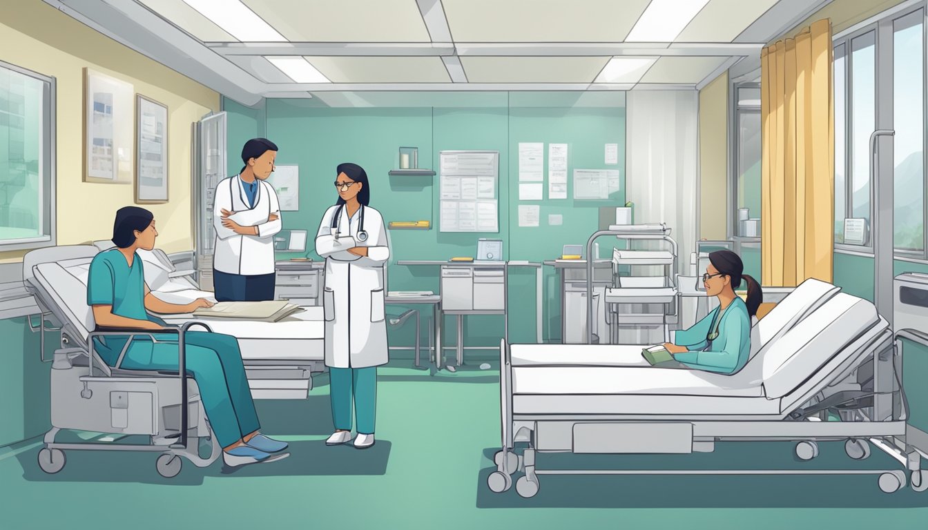 A hospital room with a doctor discussing critical illness insurance with a patient's family. Medical equipment and documents on a table