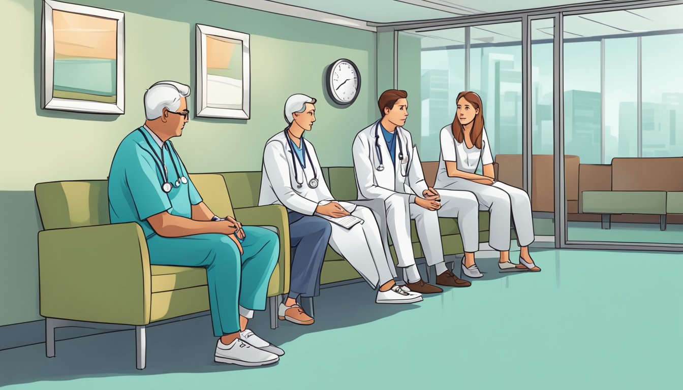 A doctor discussing critical illness coverage with a concerned family in a hospital waiting room