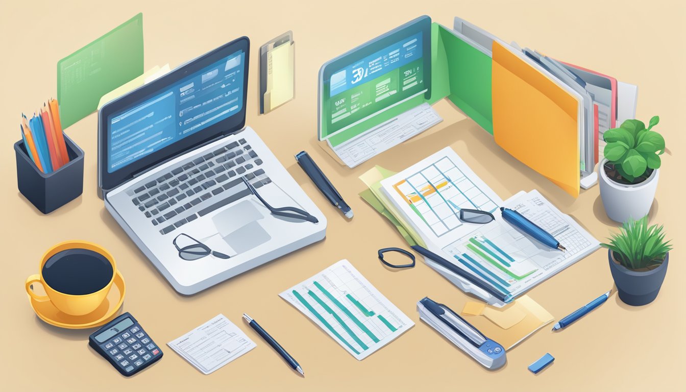 A desk with a laptop, paperwork, and a calculator. A chart showing different policy features and add-ons. A price list for critical illness insurance