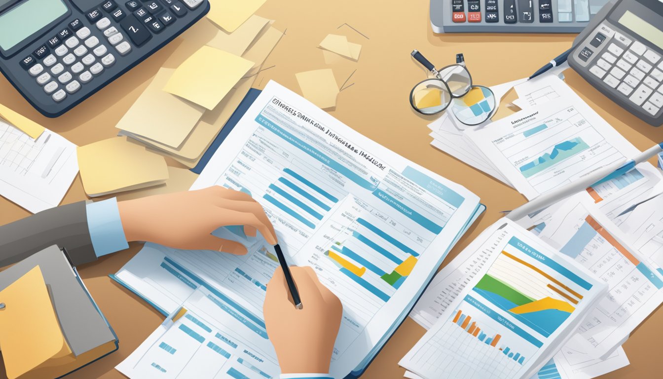 A person comparing prices of critical illness insurance plans at a desk with paperwork and a calculator