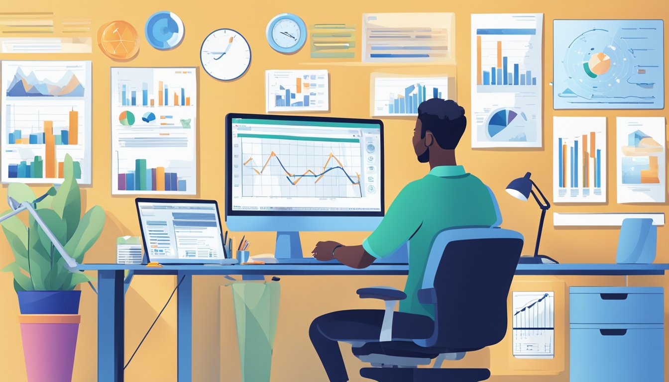 A bright, modern office setting with a person sitting at a desk, surrounded by paperwork and a computer screen displaying charts and graphs related to critical illness insurance costs