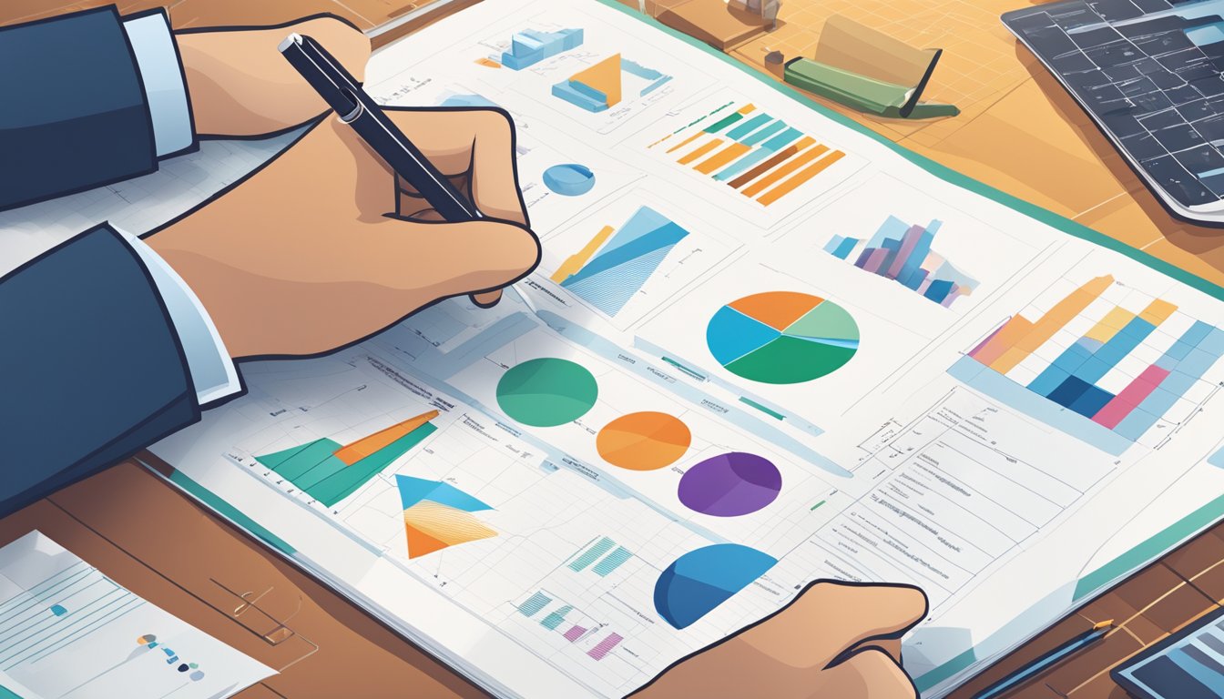 A person reviewing a document with charts and graphs, pointing to key sections