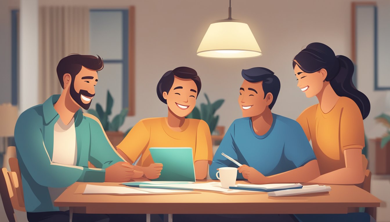 A family sitting around a table, smiling and relaxed, while a critical illness insurance policy sits prominently in the center