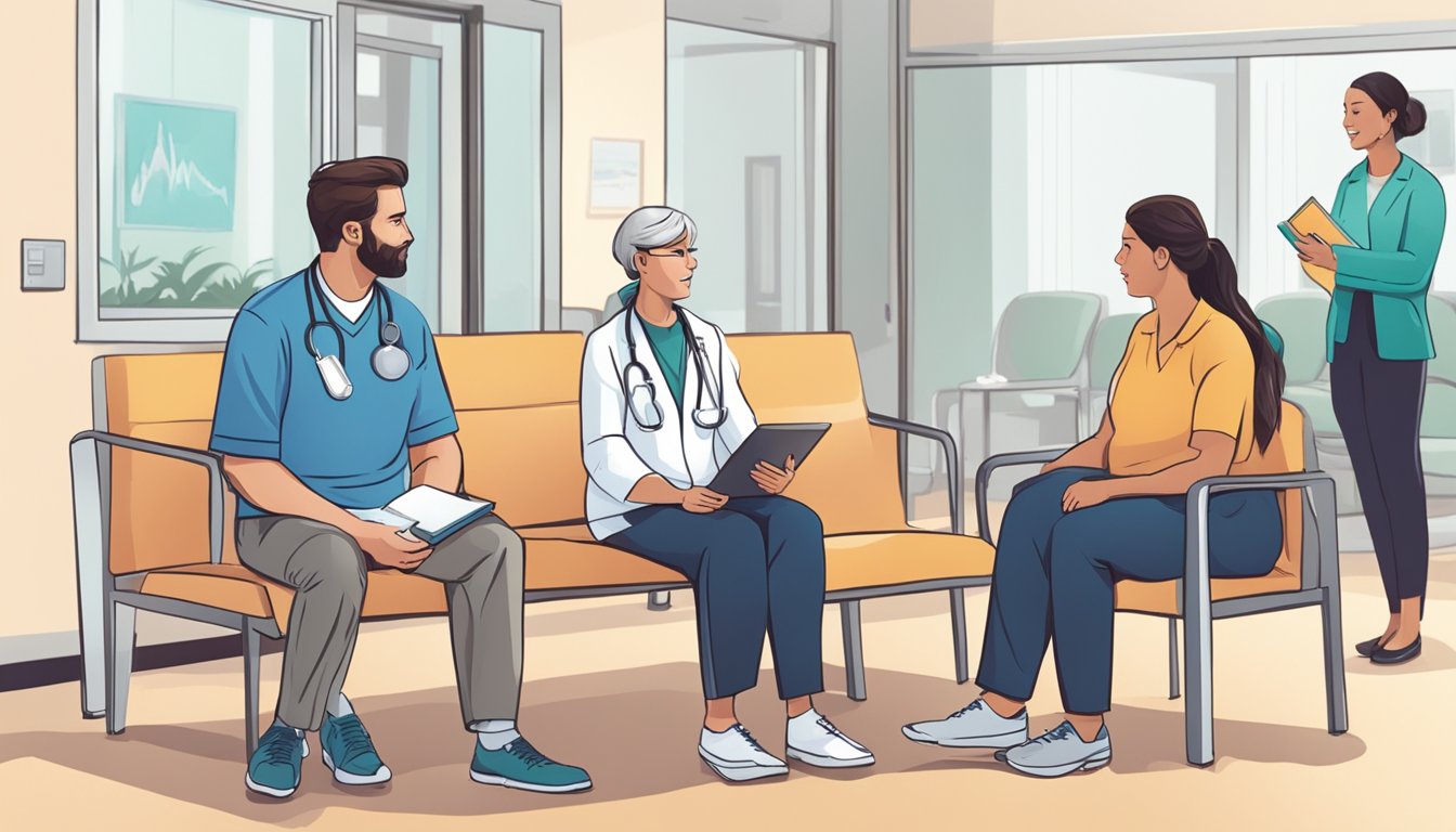 A doctor discussing critical illness insurance with a patient's family in a hospital waiting room