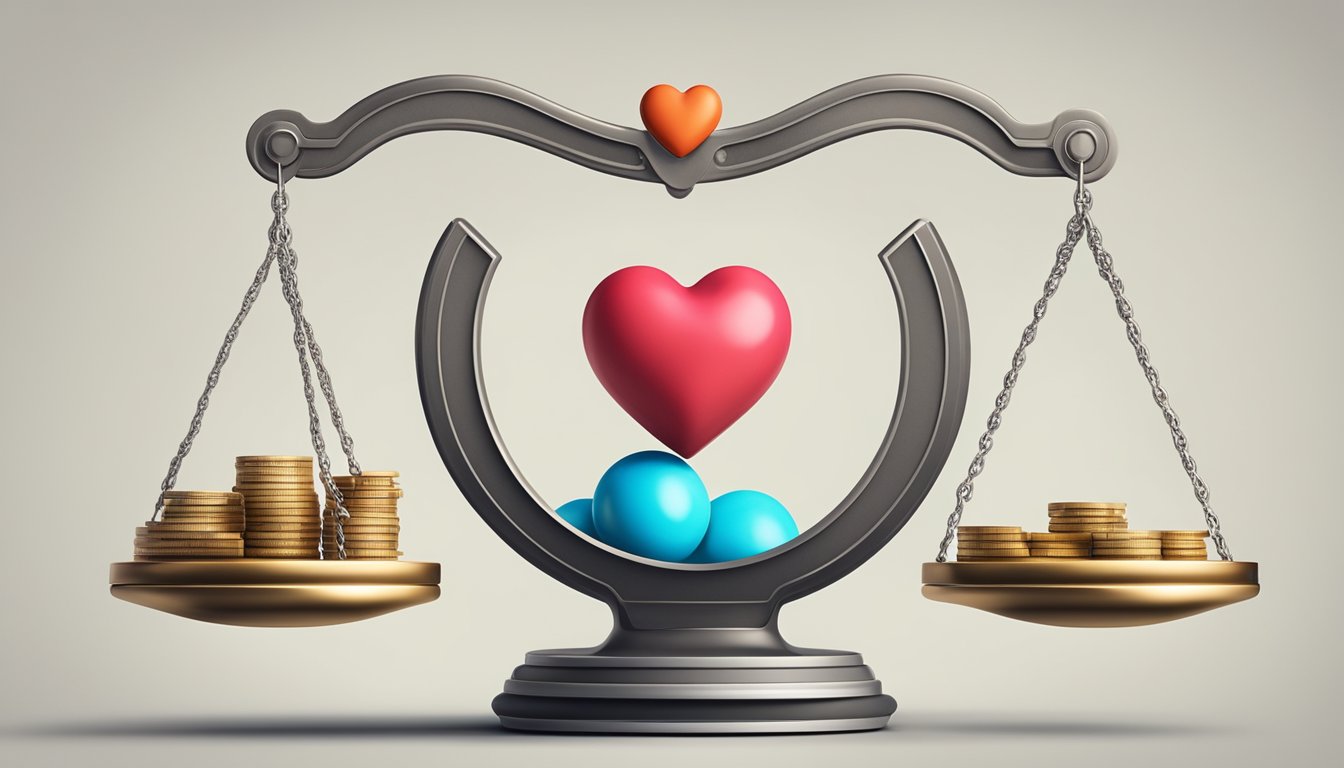 A scale balancing a stack of coins on one side and a heart, brain, and other vital organs on the other