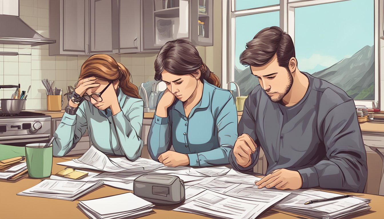 A worried family sitting at a kitchen table, reviewing paperwork with a calculator and pen in hand, surrounded by medical bills and insurance documents