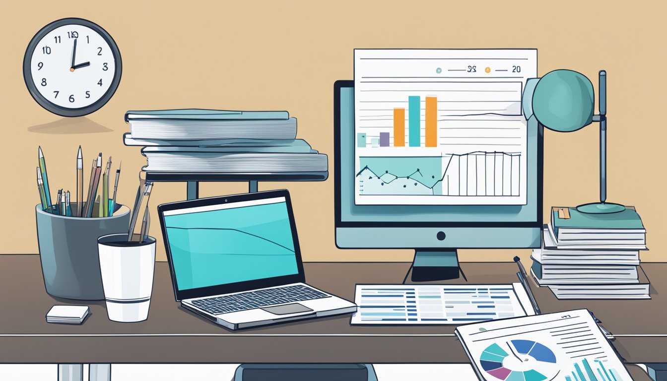 A desk with a laptop, paperwork, and a calculator. A stack of insurance brochures and a chart showing cost breakdowns for critical illness coverage