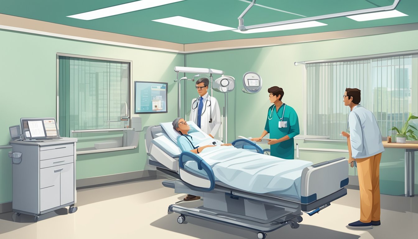 A hospital room with a bed, medical equipment, and a doctor discussing critical illness cover with a patient's family