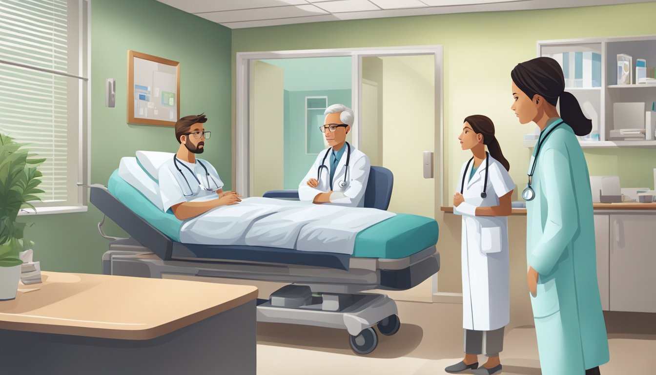 A doctor discussing critical illness insurance with a concerned family, while a hospital room is visible in the background