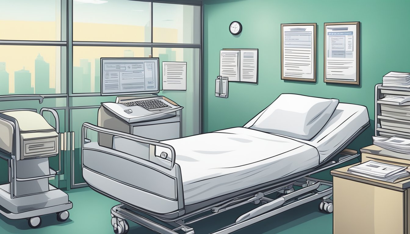 A hospital bed surrounded by various insurance plan documents and a critical illness insurance premium invoice