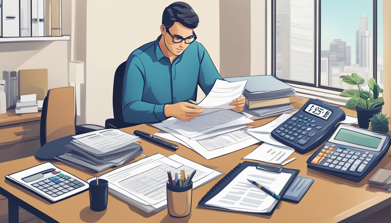 A person reviewing documents at a desk, with a calculator and insurance paperwork spread out in front of them