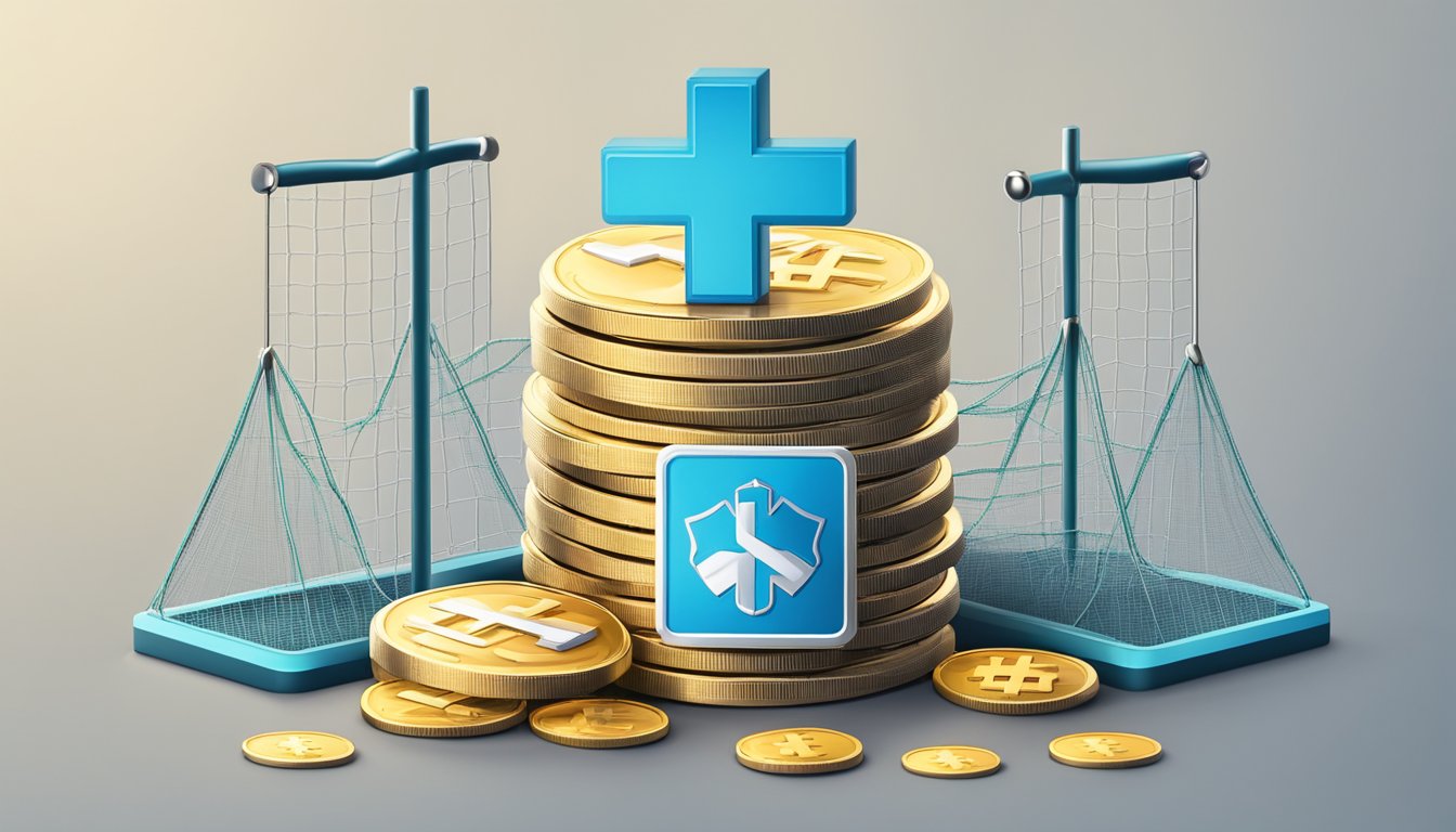 A stack of coins with a medical cross symbol on top, surrounded by a shield and a safety net, representing support and resources for critical illness insurance premium