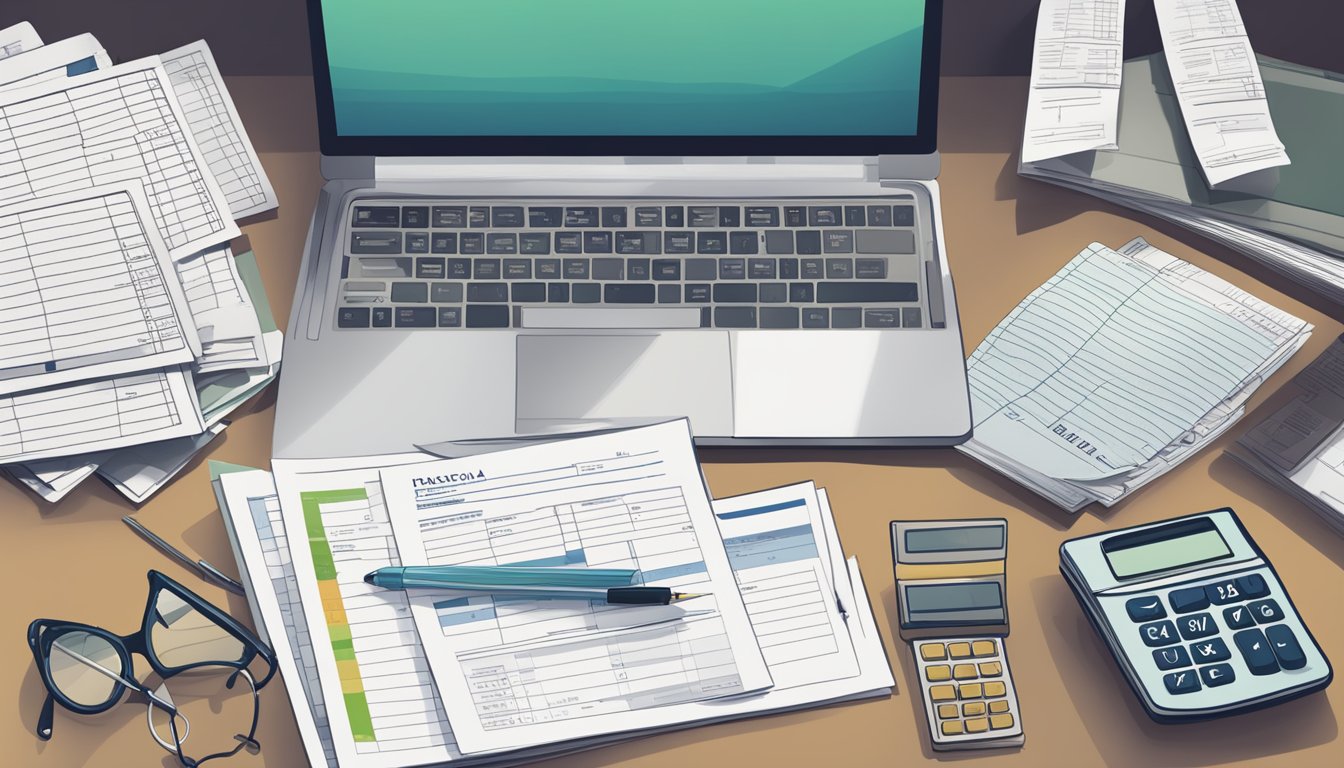 A stack of medical bills sits next to an open laptop, with a calculator and paperwork spread out on the table. A shadow looms over the scene, symbolizing the financial burden of critical illness