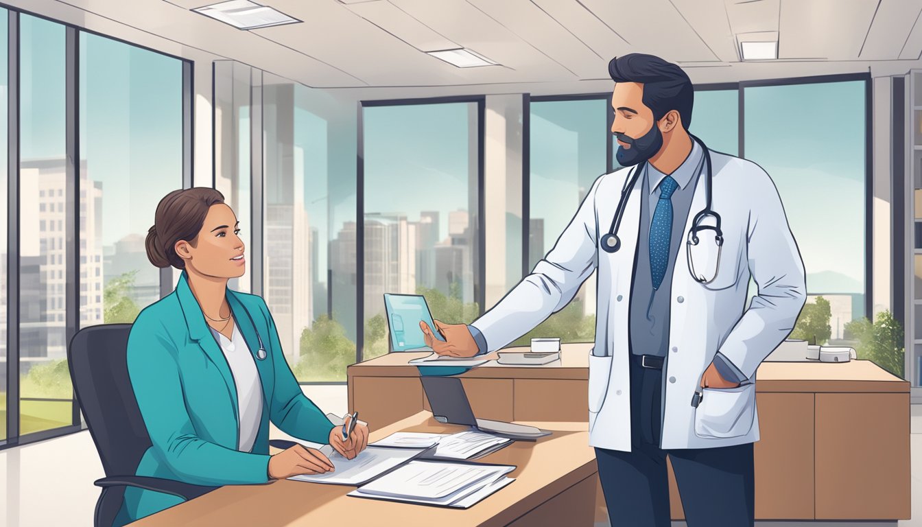 A doctor explaining critical illness insurance to a patient in a modern office setting