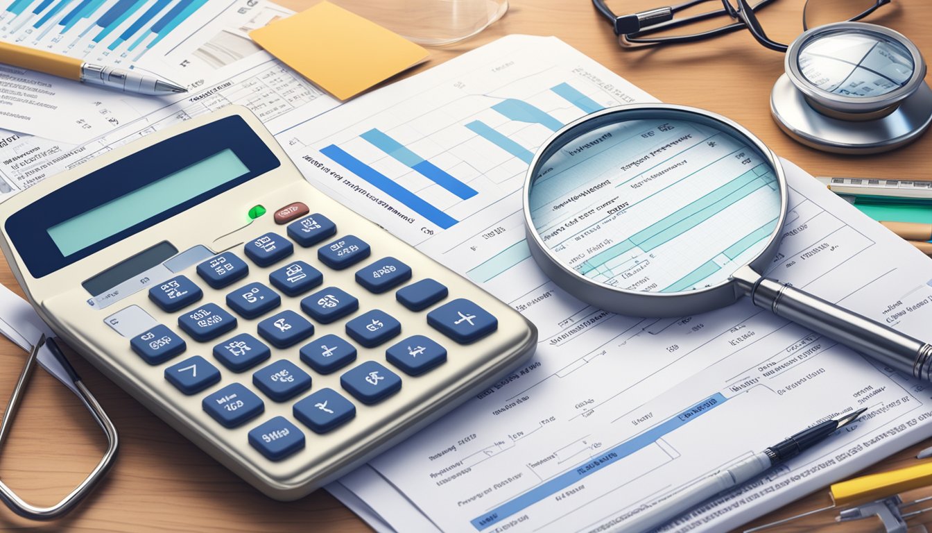 A stack of policy documents with a magnifying glass and a calculator on top, surrounded by medical equipment and a chart showing the benefits and premiums for critical illness insurance