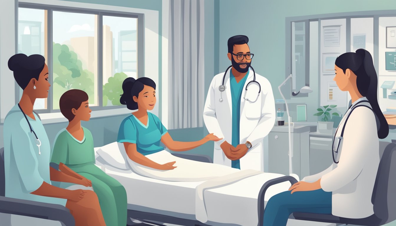 A hospital room with a doctor discussing insurance plans with a patient's family