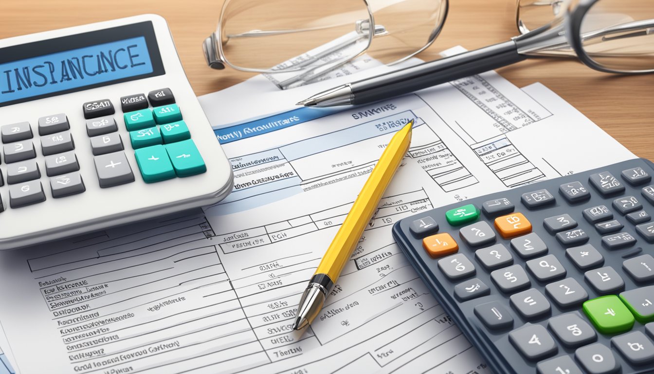 A stack of insurance policy documents with various options highlighted and a calculator displaying monthly costs