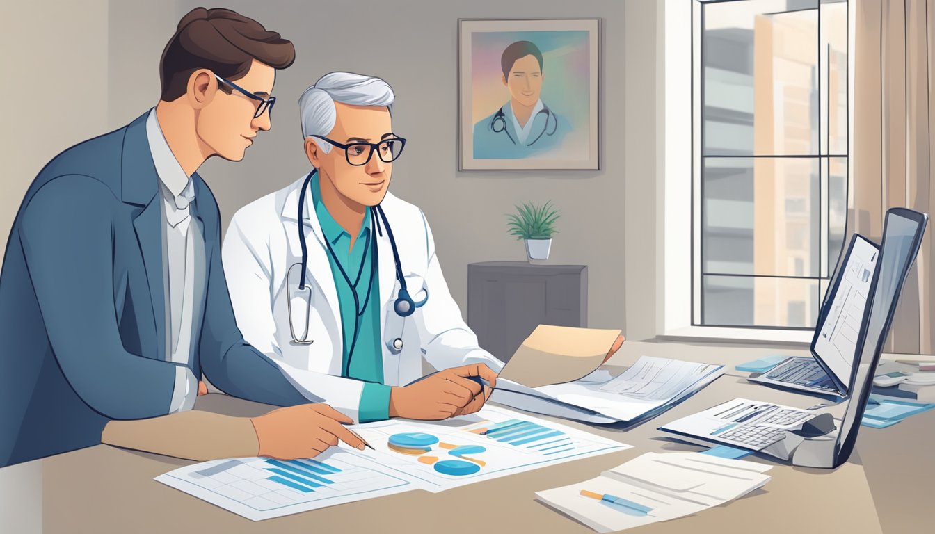 A doctor discussing critical illness insurance with a patient, pointing to a chart of average costs and variations