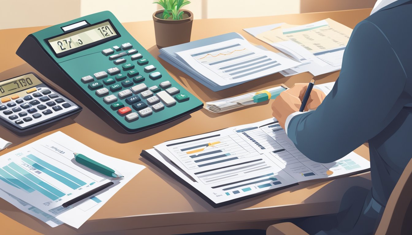 A person reviewing financial documents with a calculator and insurance policy on a desk