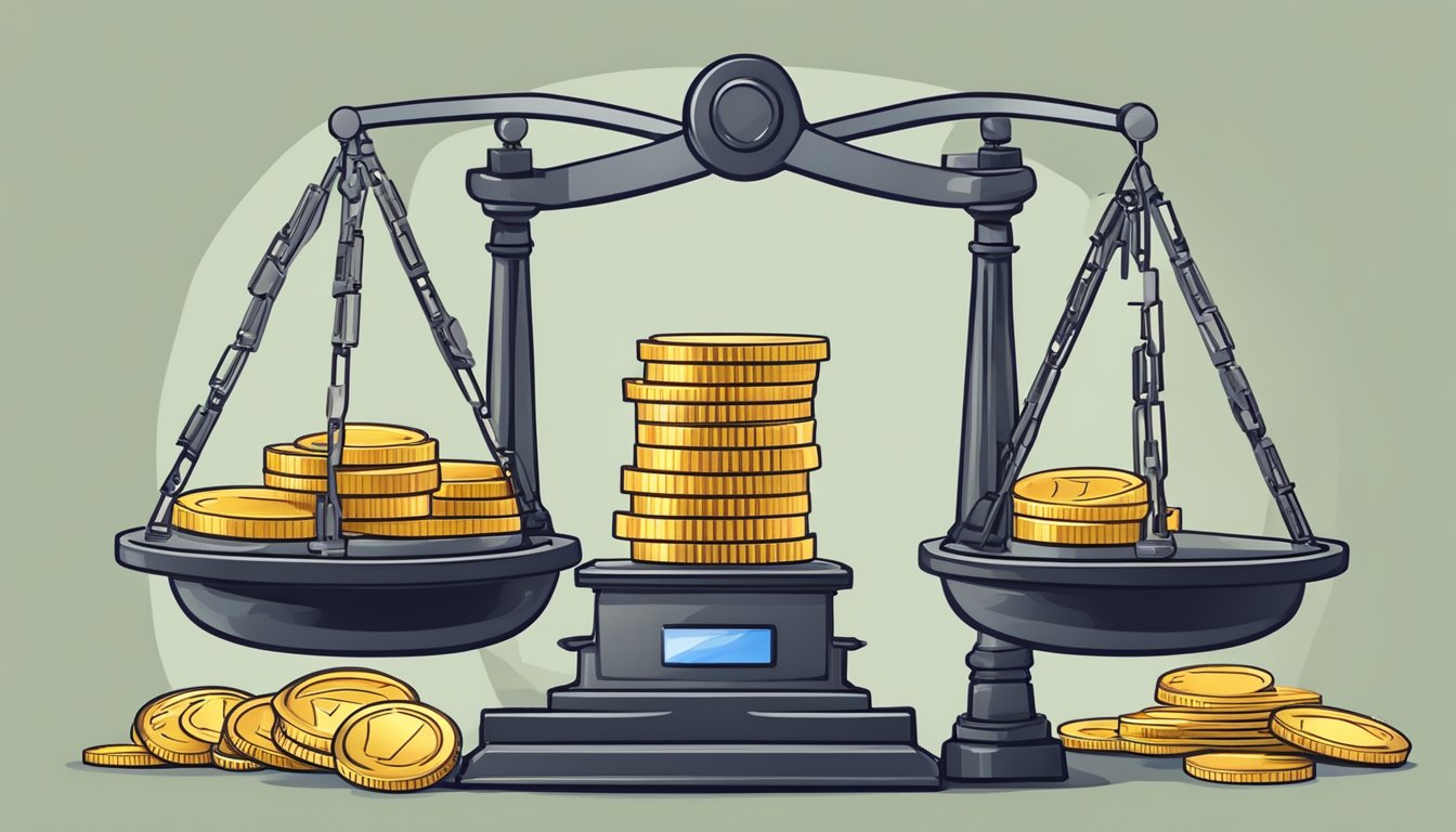 A scale with a stack of coins on one side and a pile of bills on the other, with a magnifying glass examining the balance