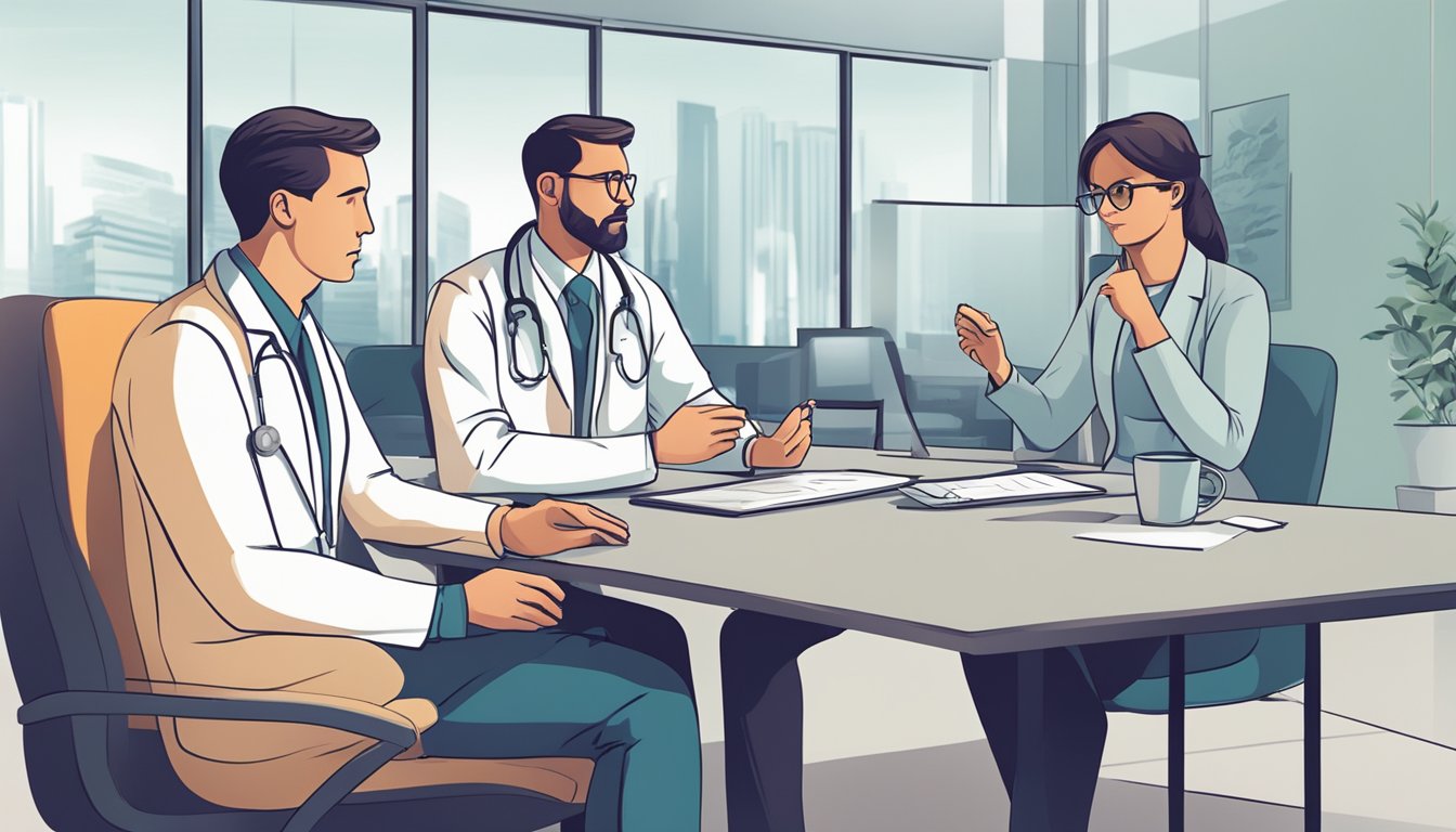 A doctor discussing critical illness insurance with a worried couple in a modern office setting