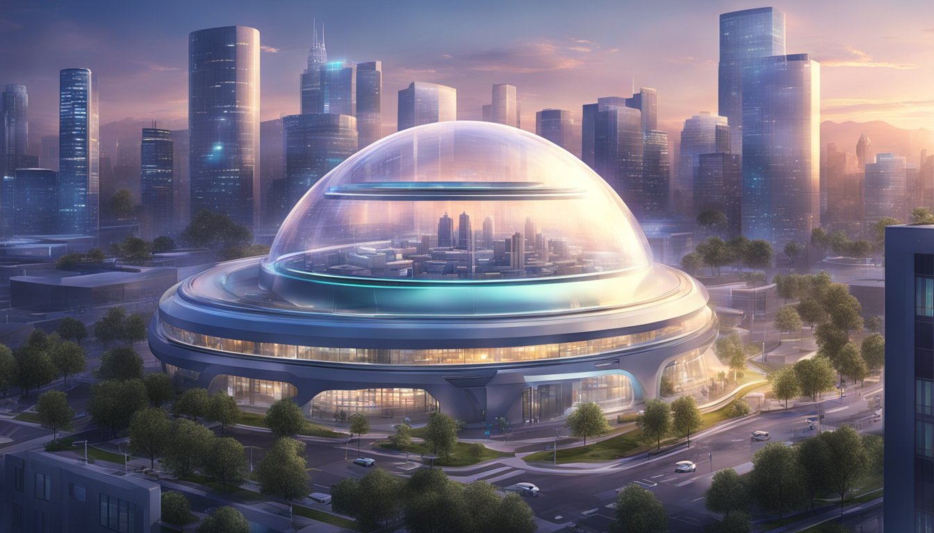 A futuristic city skyline with a glowing, transparent dome housing a modern, high-tech medical facility. A sleek, advanced-looking insurance office stands nearby