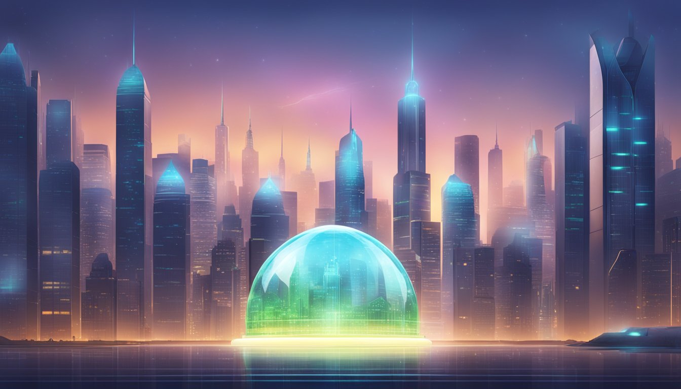 A futuristic city skyline with a glowing, transparent dome representing the protection and security of critical illness insurance