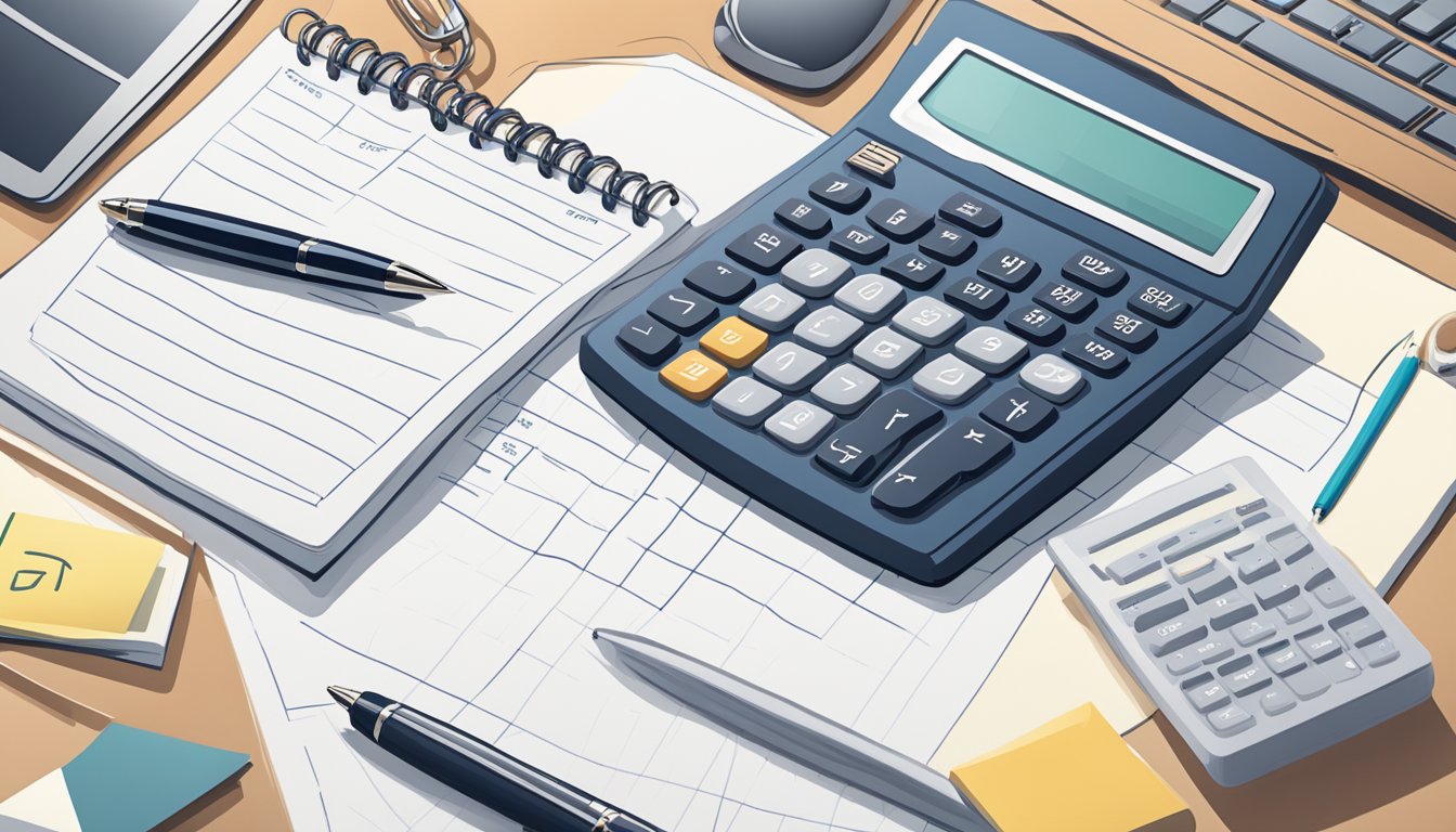 A calculator, a pen, and a notepad on a desk, with a laptop open to an insurance website showing critical illness coverage options