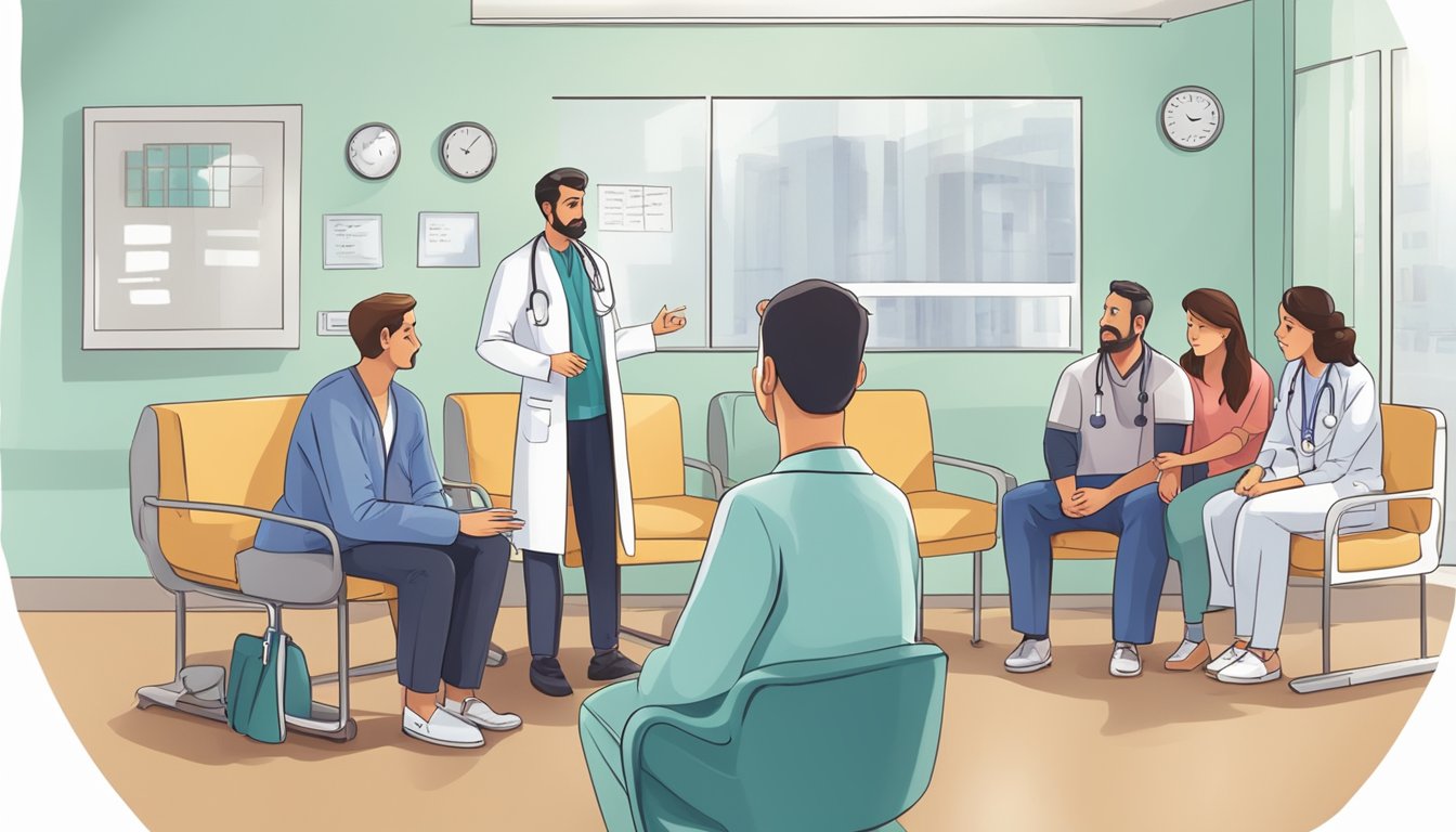 A doctor explaining critical illness cover to a worried family in a hospital waiting room