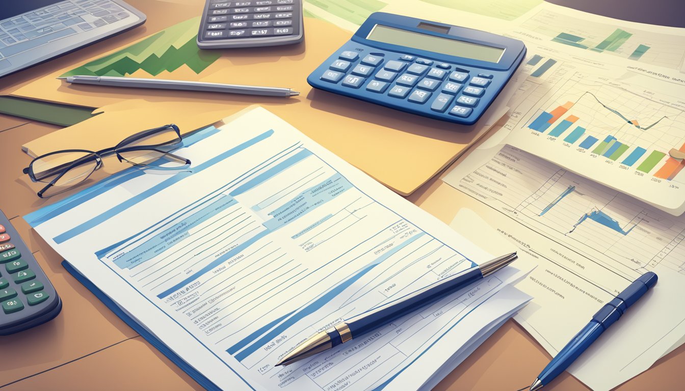 A table with insurance policy documents and a calculator showing different critical illness cover prices