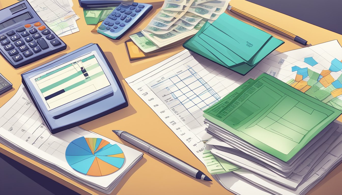 A stack of bills and a calculator on a desk, with a graph showing rising costs and falling income