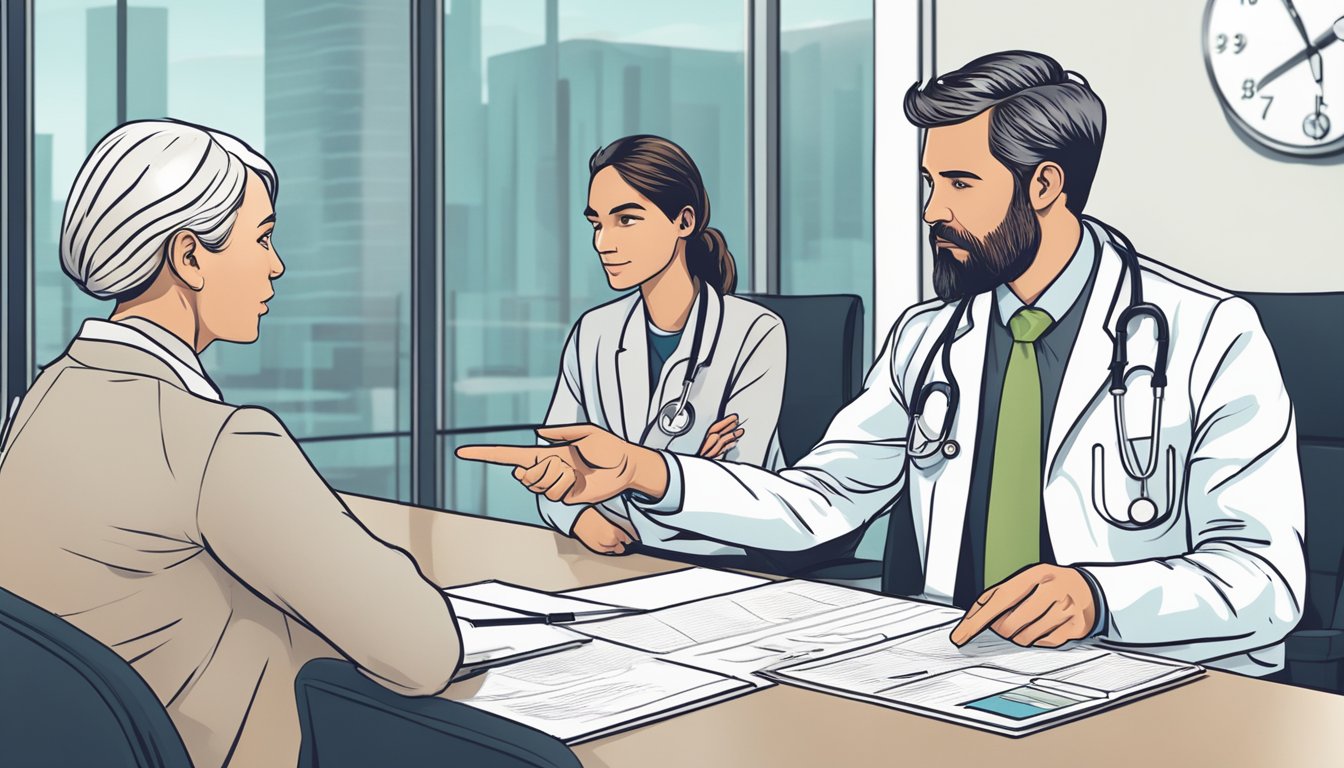 A doctor pointing to a chart while discussing critical illness cover with a concerned couple in a modern office setting