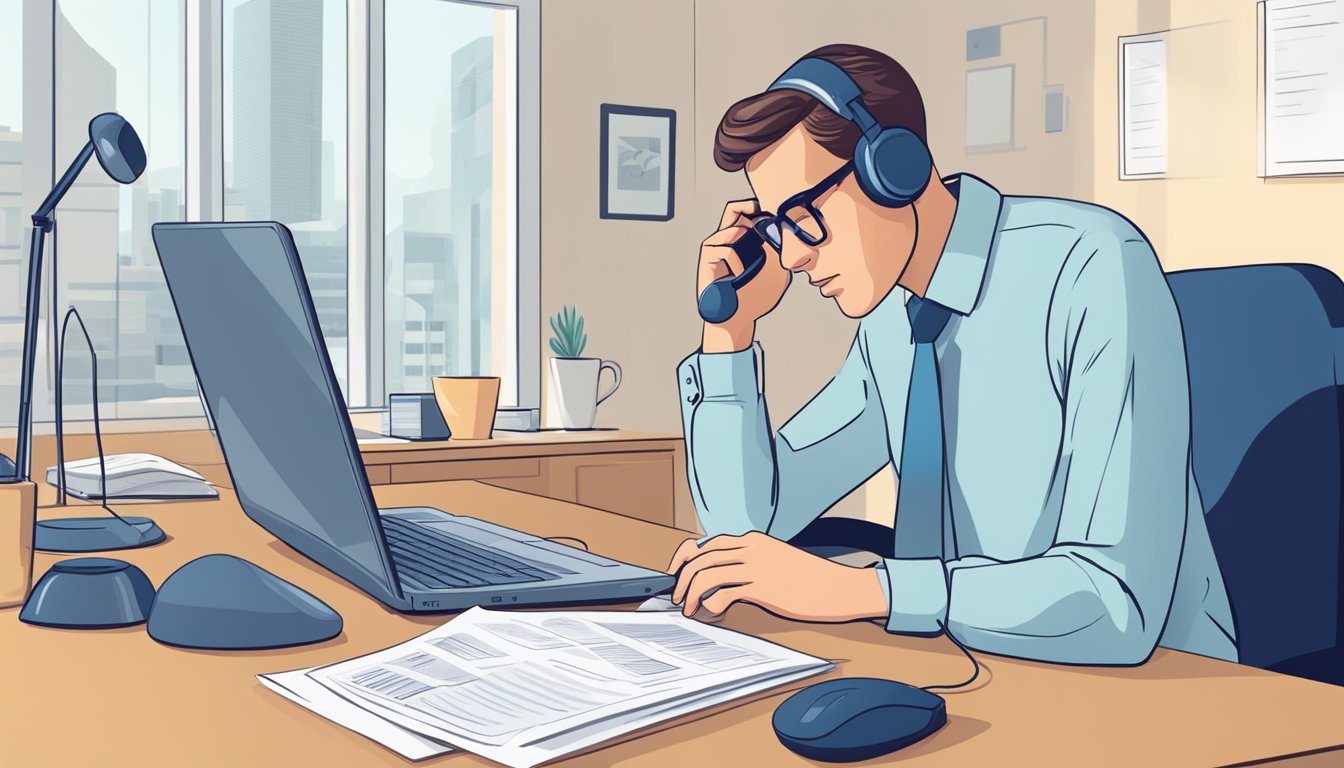 A person sitting at a desk with a laptop and papers, making phone calls and comparing insurance providers for critical illness coverage