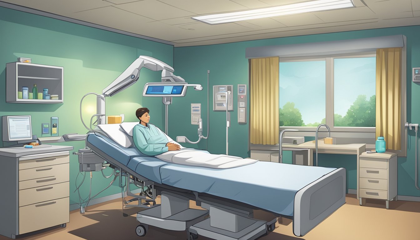 A hospital room with medical equipment and a concerned family member sitting by the bedside of a patient with a critical illness