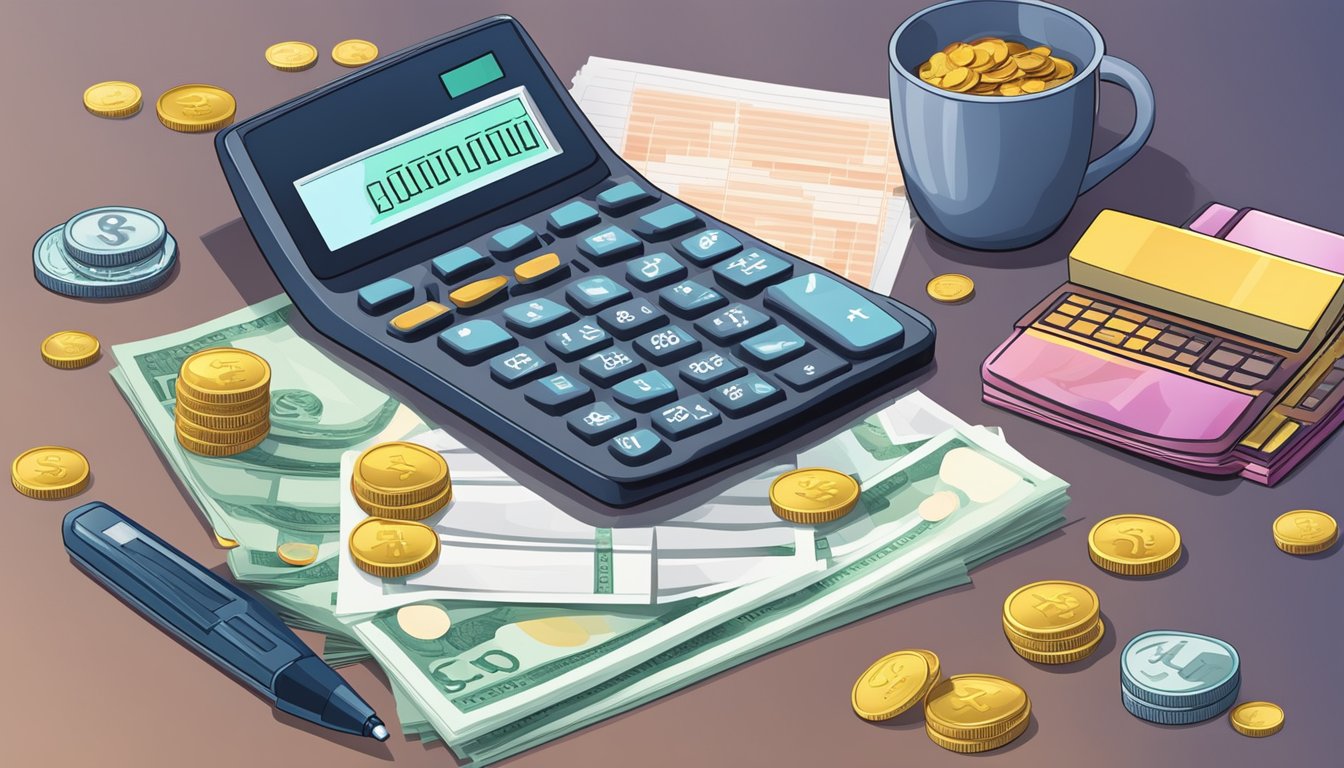 A stack of coins with a growing pile of bills next to a calculator and a chart showing increasing costs