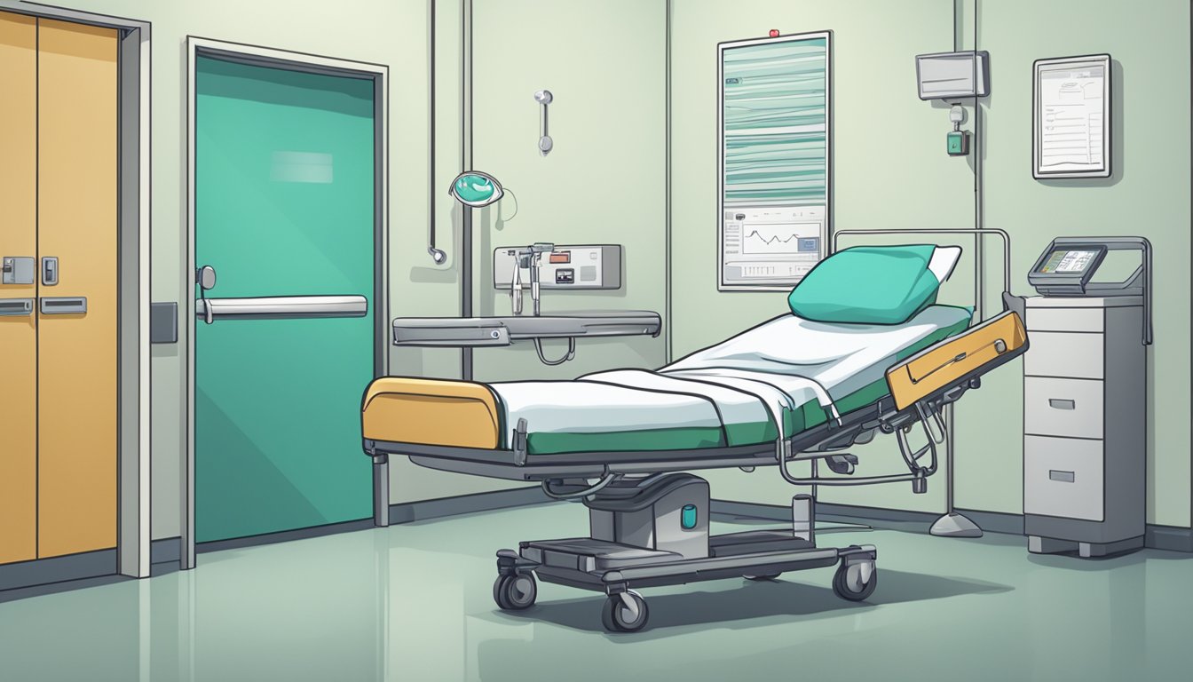 A hospital room with a bed, medical equipment, and a folder labeled "Critical Illness Insurance Cover 75000" on a table