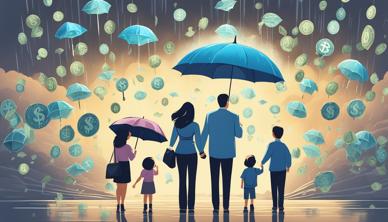 A family standing under a large umbrella, shielding them from a storm of dollar signs and medical symbols