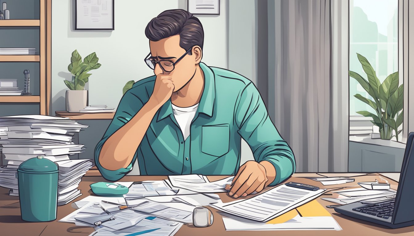 A worried person surrounded by medical and financial documents, with a calculator and a list of insurance options on the table