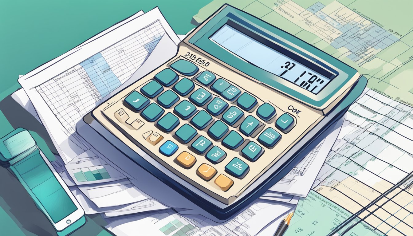 A calculator surrounded by financial documents and charts, with a graph showing rising costs for critical illness cover in the UK