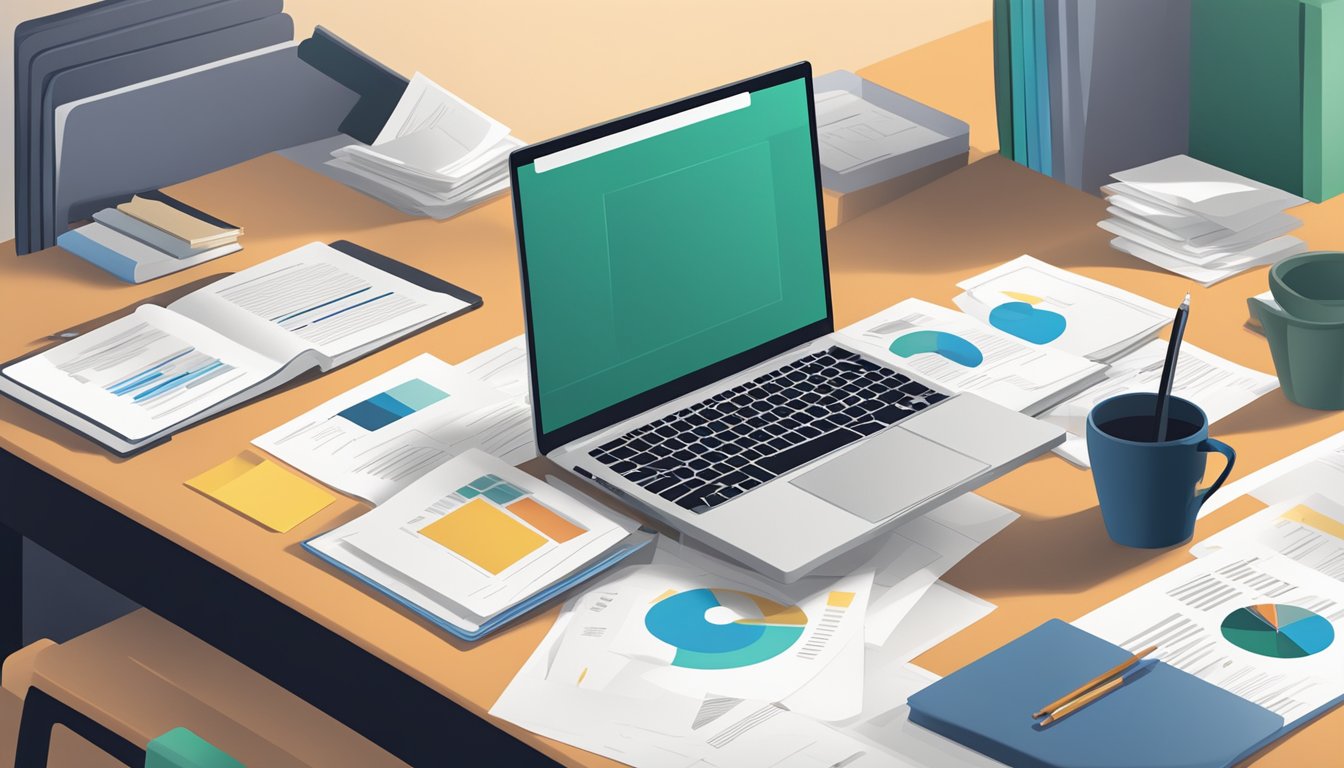 A person researching legal and policy documents on a desk with a laptop and paperwork