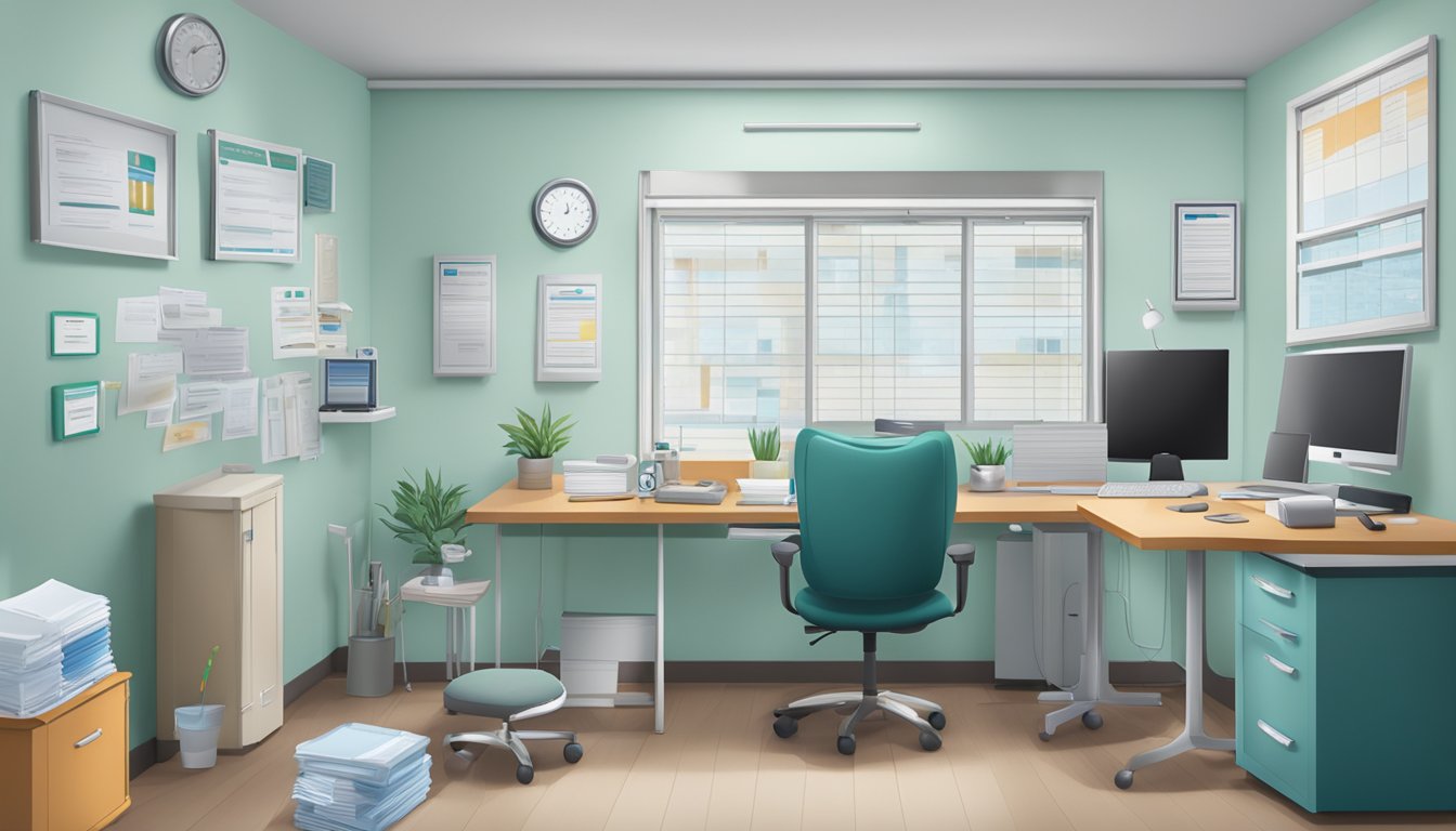 A doctor's office with a desk cluttered with paperwork, a computer screen showing insurance policy costs, and medical equipment on the walls